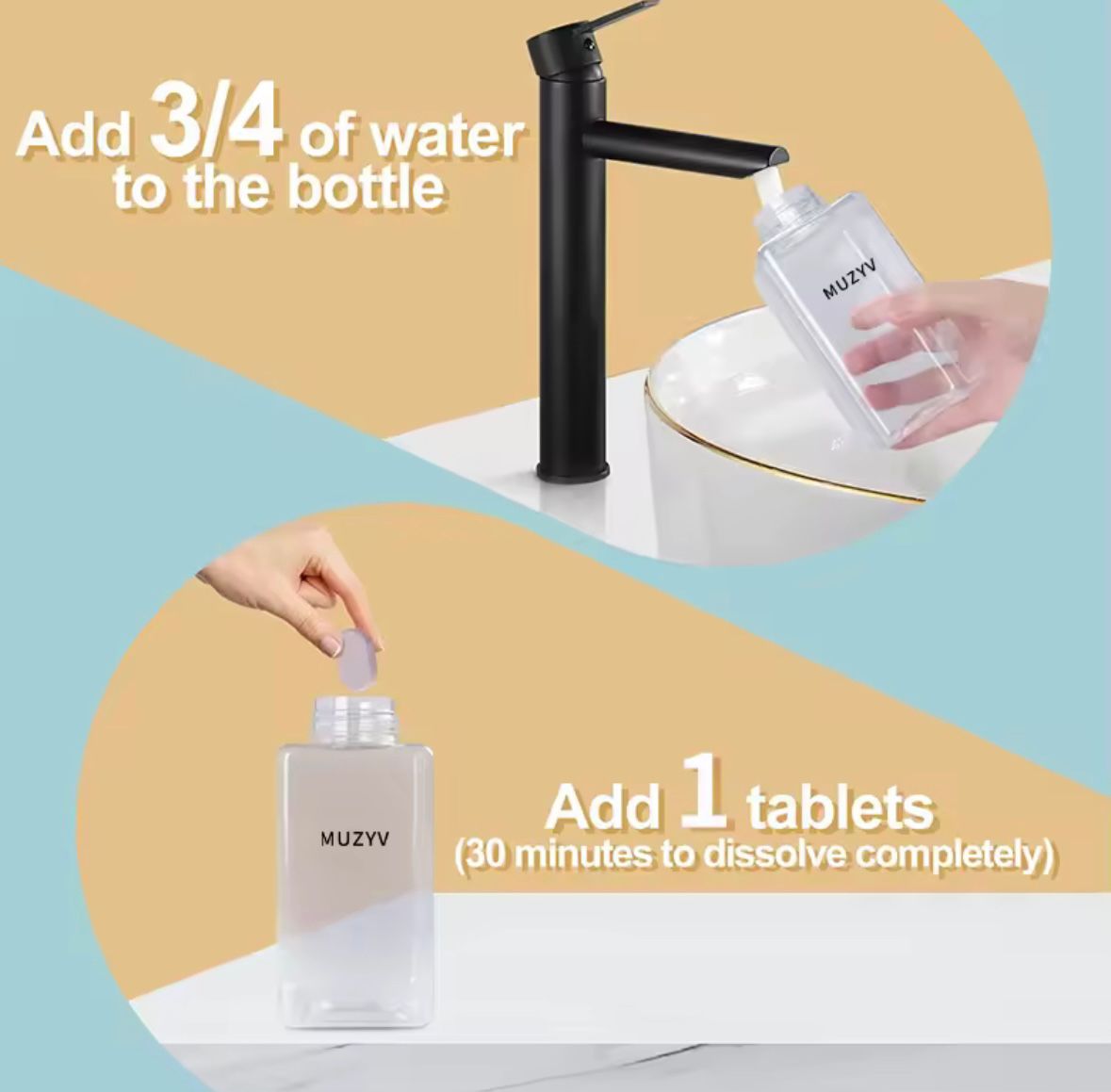 Filling a LitraLabs bottle with water and dropping in an effervescent soap tablet