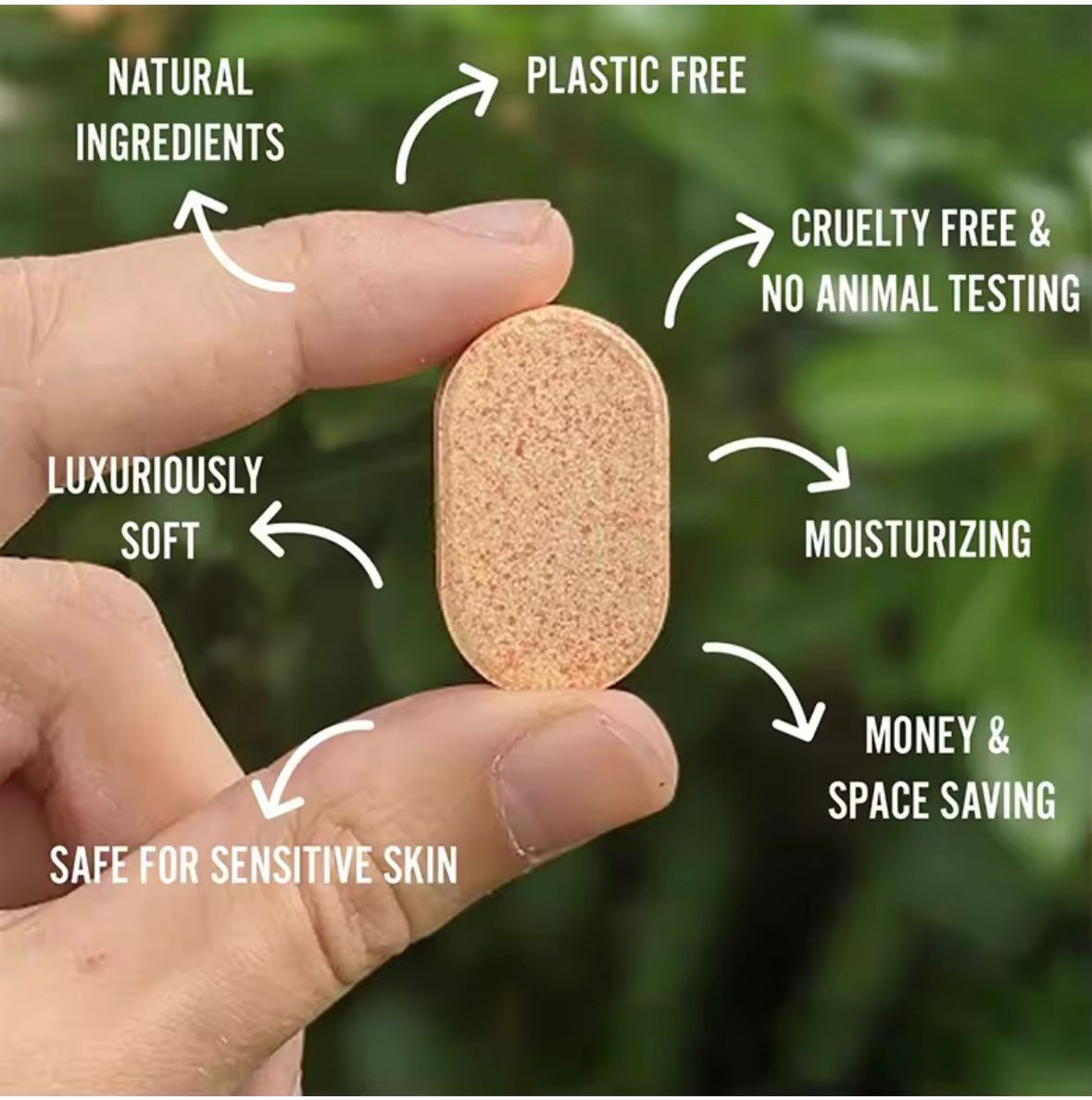 Plant-based LitraLabs effervescent soap tablets displayed with fresh botanicals