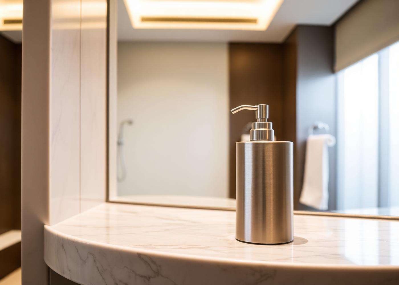 LitraLabs brushed-aluminum foaming soap dispenser on a marble washroom counter